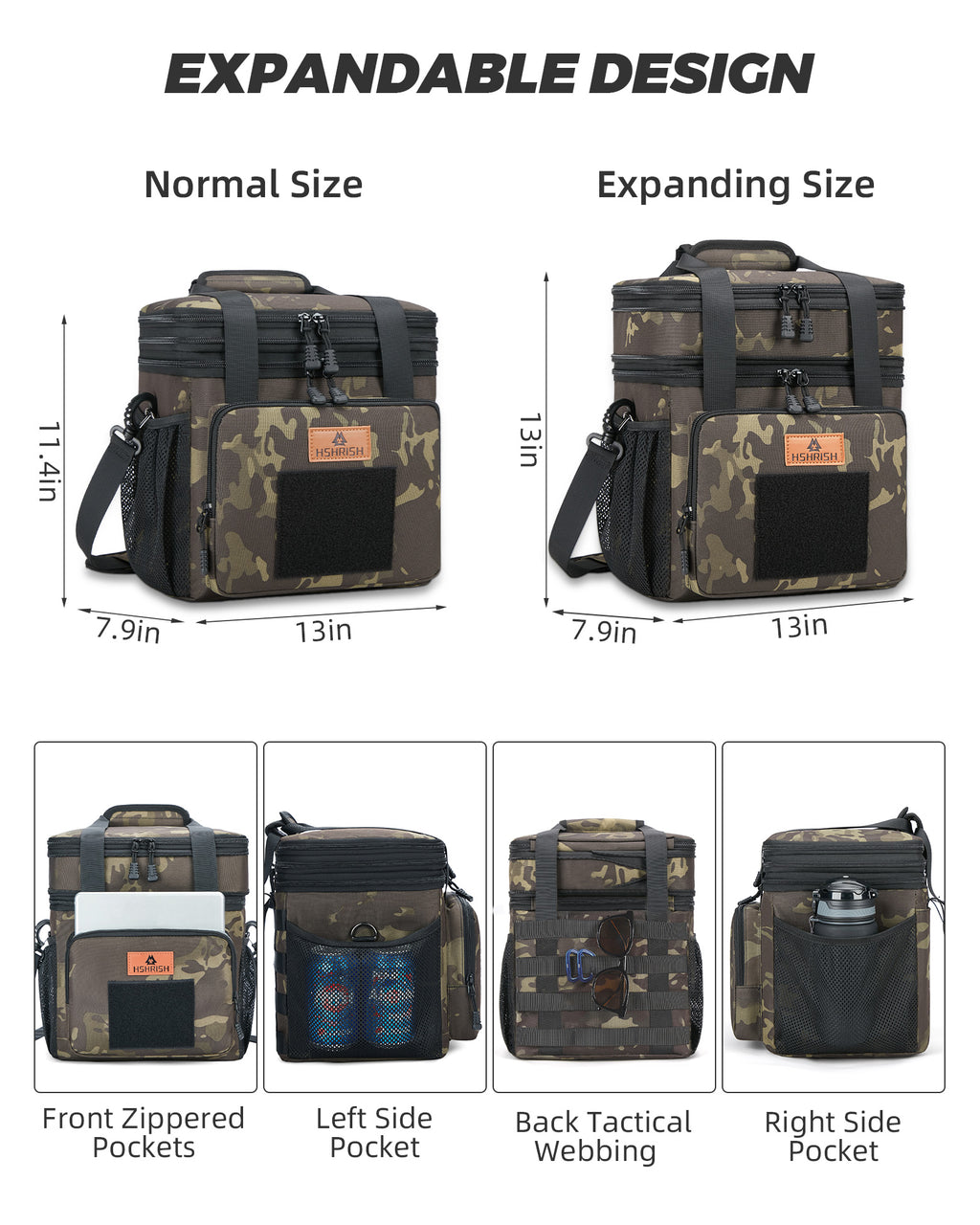 HSHRISH Large Insulated Lunch Bag for Man, Double Layer Large Cooler Bag for Men Adults Waterproof Leakproof Durable Lunch Bag for Work Picnic Camping Day Trips 22L, Black Camouflage