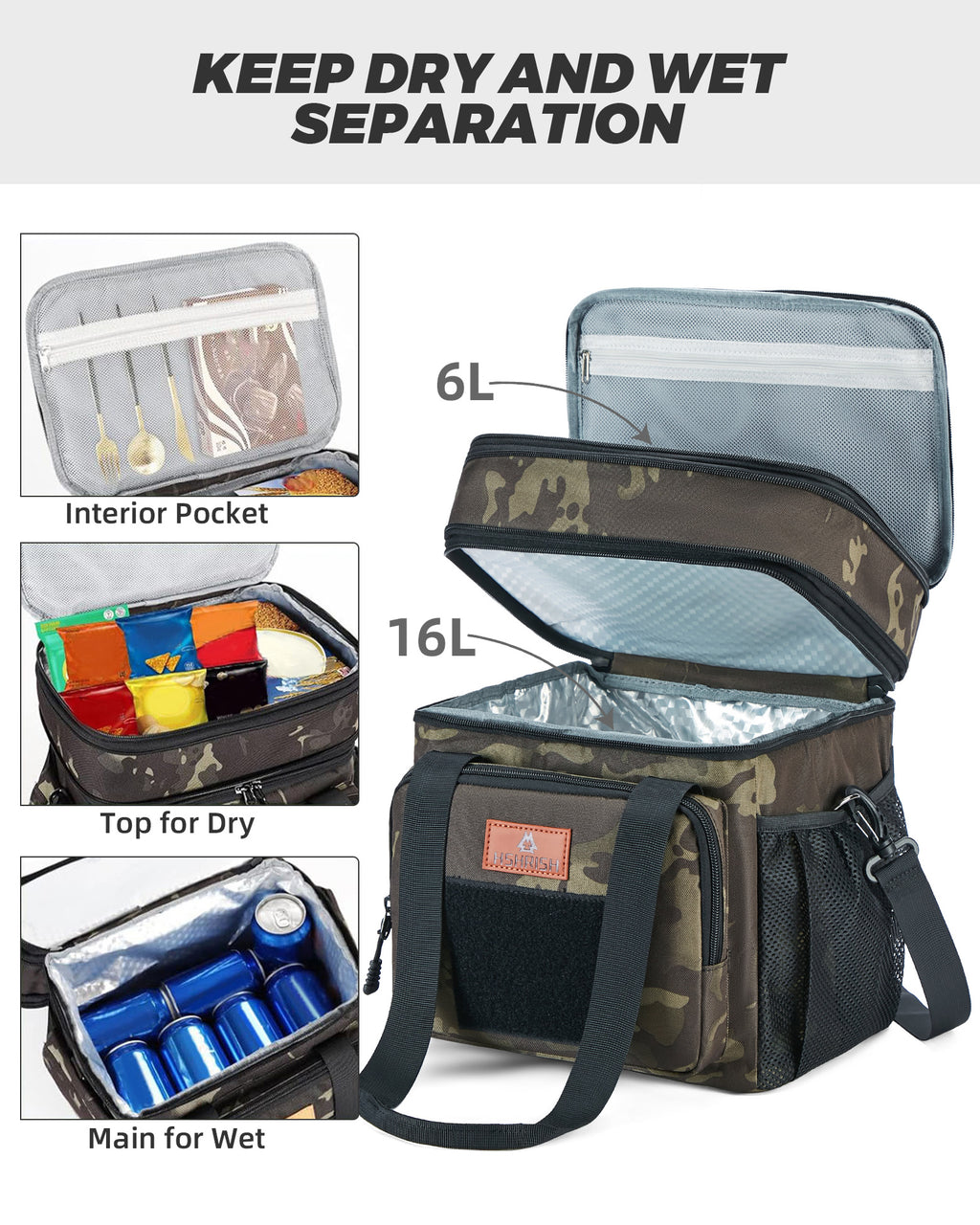 HSHRISH Large Insulated Lunch Bag for Man, Double Layer Large Cooler Bag for Men Adults Waterproof Leakproof Durable Lunch Bag for Work Picnic Camping Day Trips 22L, Black Camouflage