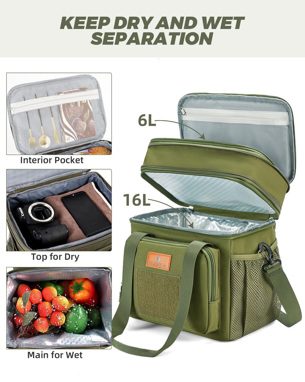 HSHRISH Large Insulated Lunch Bag for Man, Double Layer Insulated Large Cooler Bag for Men Adults Waterproof Leakproof Durable Lunch Bag for Work Picnic Camping Day Trips 22L, Army Green