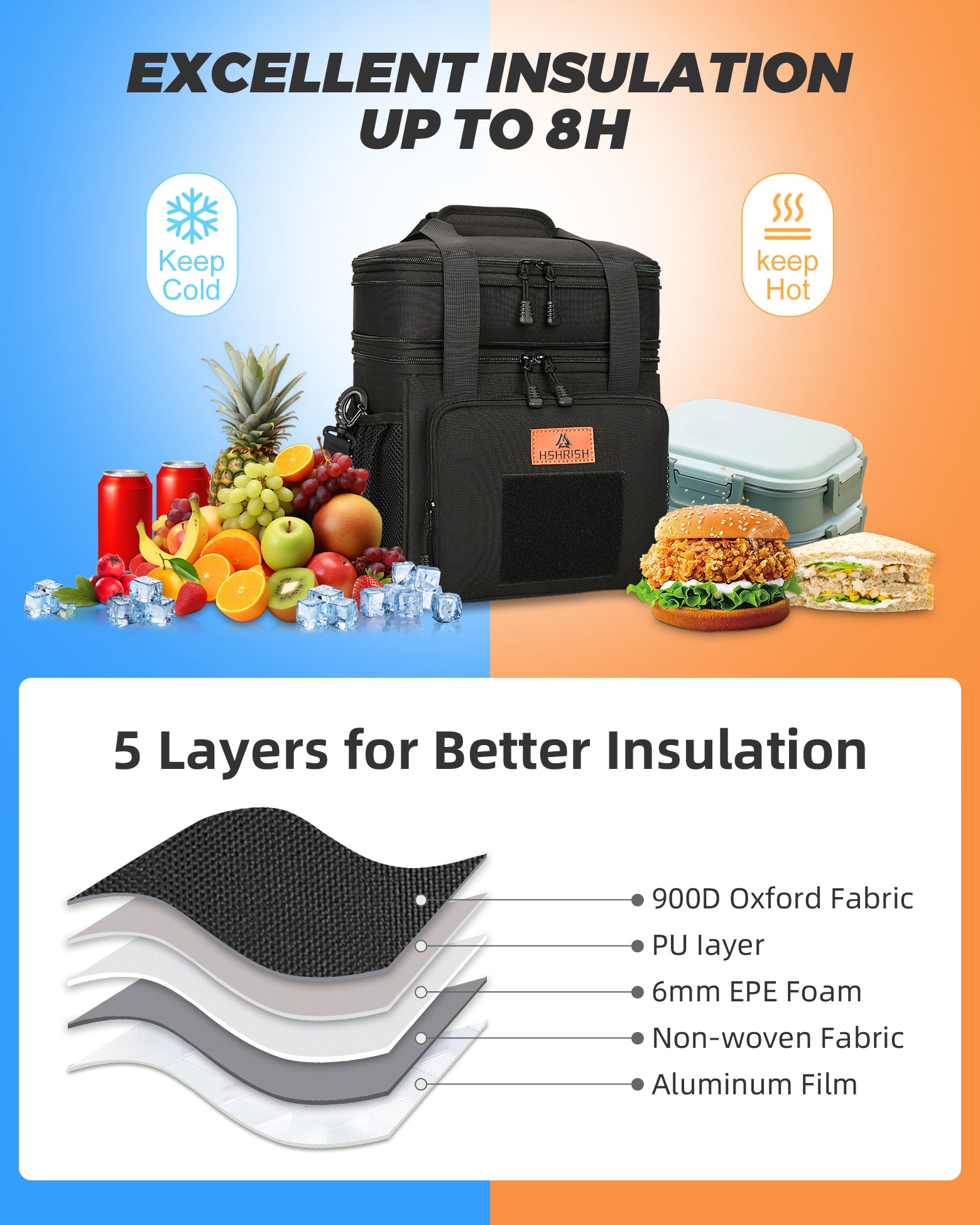 HSHRISH Expandable Large Lunch Box for Men, Durable Insulated Lunch Bag with Shoulder Strap, Soft Cooler Bag for Men Work Outdoor Picnic Trips, 24 Can/15 L, Black