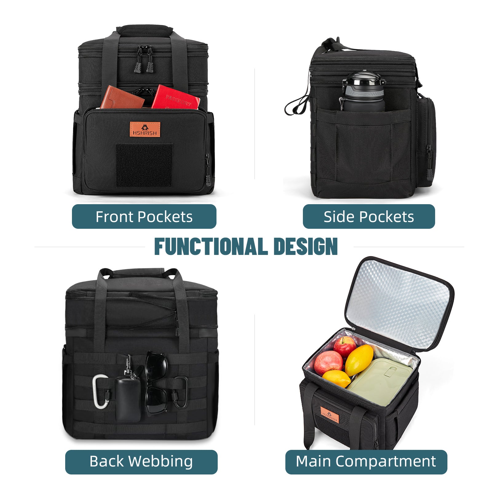 HSHRISH Lunch Box for men, Large Expandable Insulated Lunch Bag, Durable Waterproof Leakproof Tactical Cooler Bag for Adults Men to Work Picnic Beach Day Trips, 24 Cans/16 L, Black