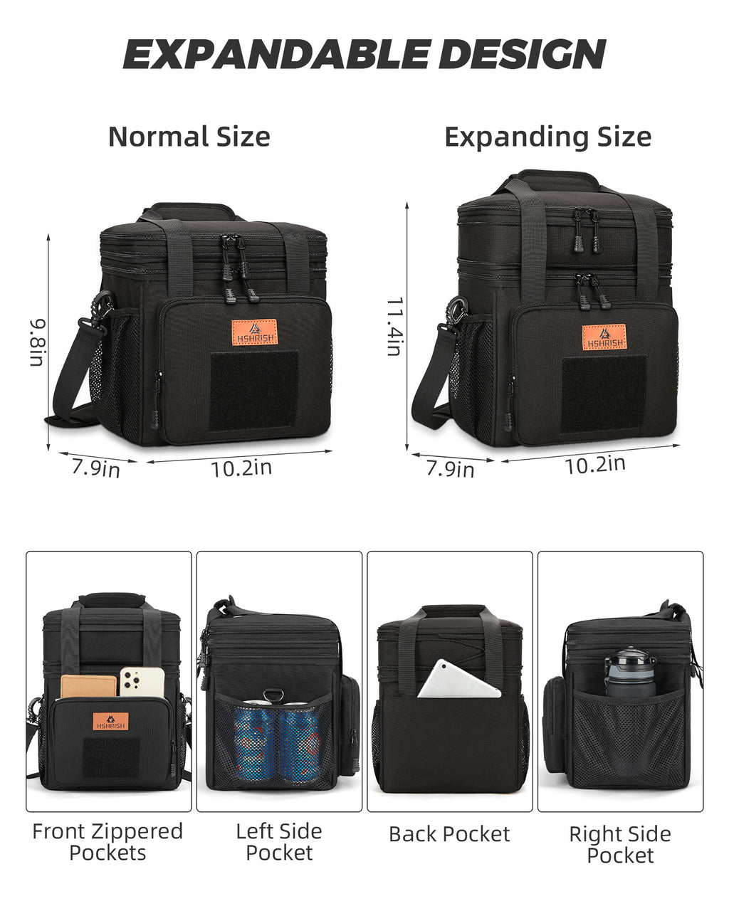 HSHRISH Expandable Large Lunch Box for Men, Durable Insulated Lunch Bag with Shoulder Strap, Soft Cooler Bag for Men Work Outdoor Picnic Trips, 24 Can/15 L, Black